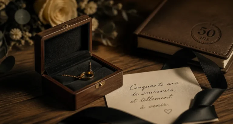 50 cadeaux pour 50 ans femme : écrin bijou, carte manuscrite et ruban noir