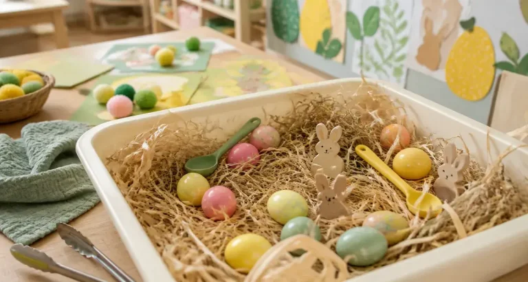 Activité creche paques : bac sensoriel avec œufs colorés, paille et raphia
