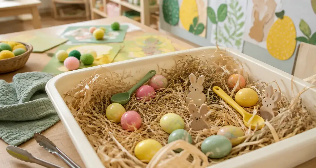 Activité creche paques : bac sensoriel avec œufs colorés, paille et raphia