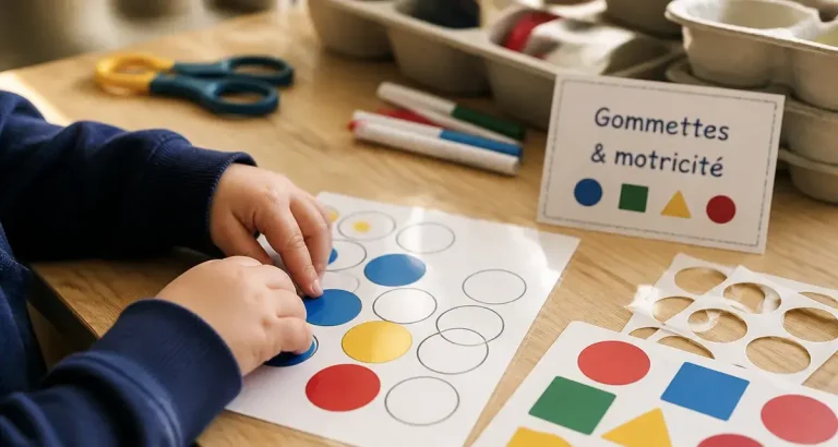 Activité gommette maternelle : enfants collent des gommettes pour motricité fine