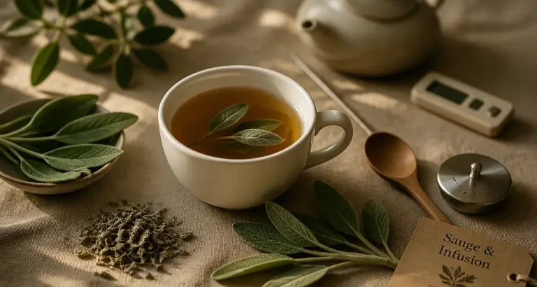 Bienfaits de la sauge en tisane, tasse de sauge et feuilles fraîches