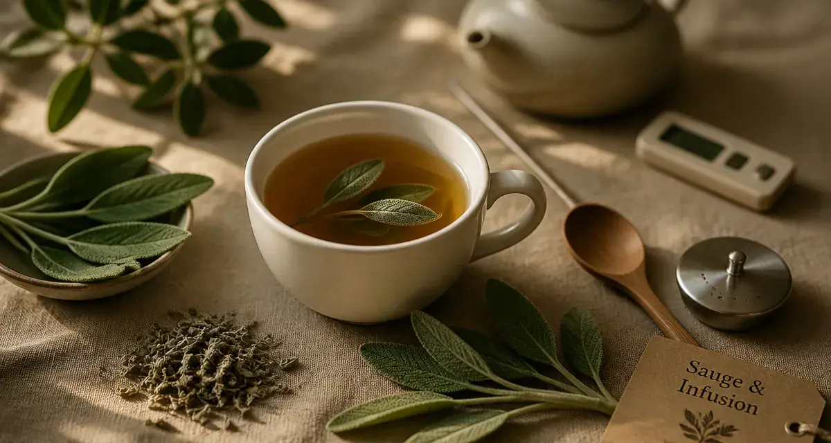 Bienfaits de la sauge en tisane, tasse de sauge et feuilles fraîches