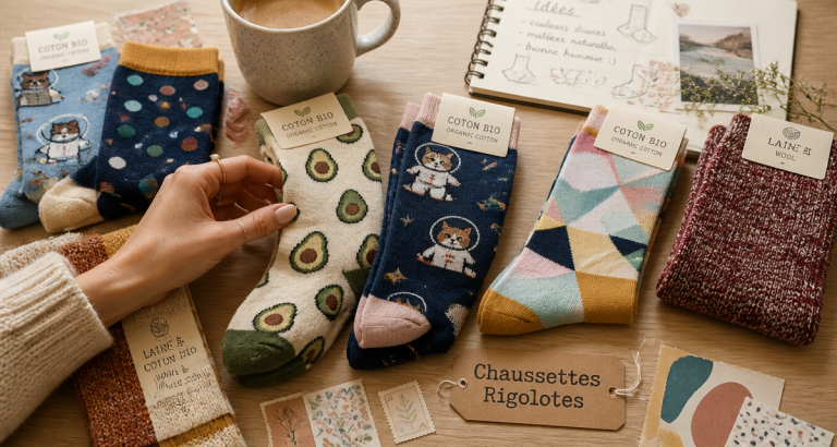 chaussettes rigolotes femme assorties sur table