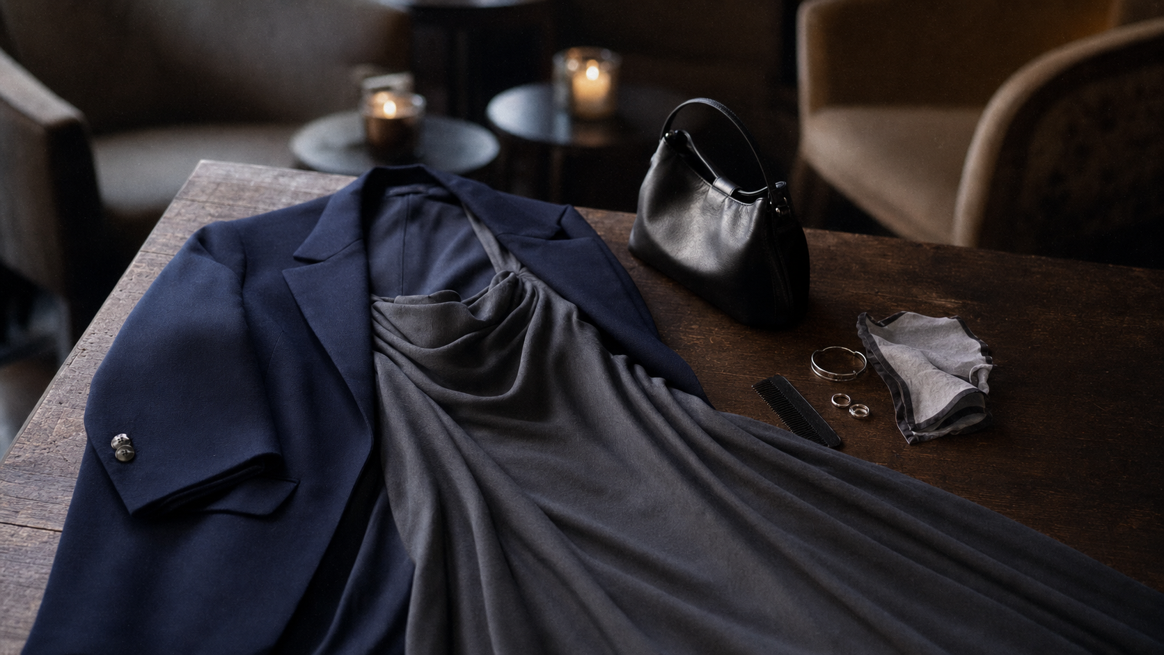 Comment s'habiller pour un enterrement : tenue sobre bleu marine et gris, sac noir, bijoux discrets