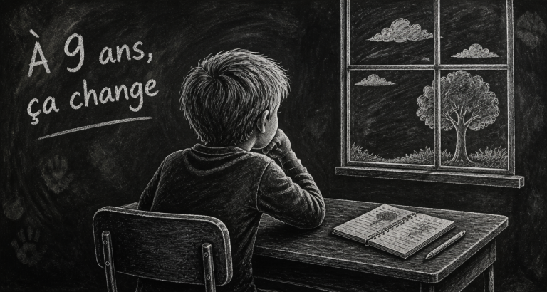 enfant 9 ans assis en classe regardant par la fenêtre