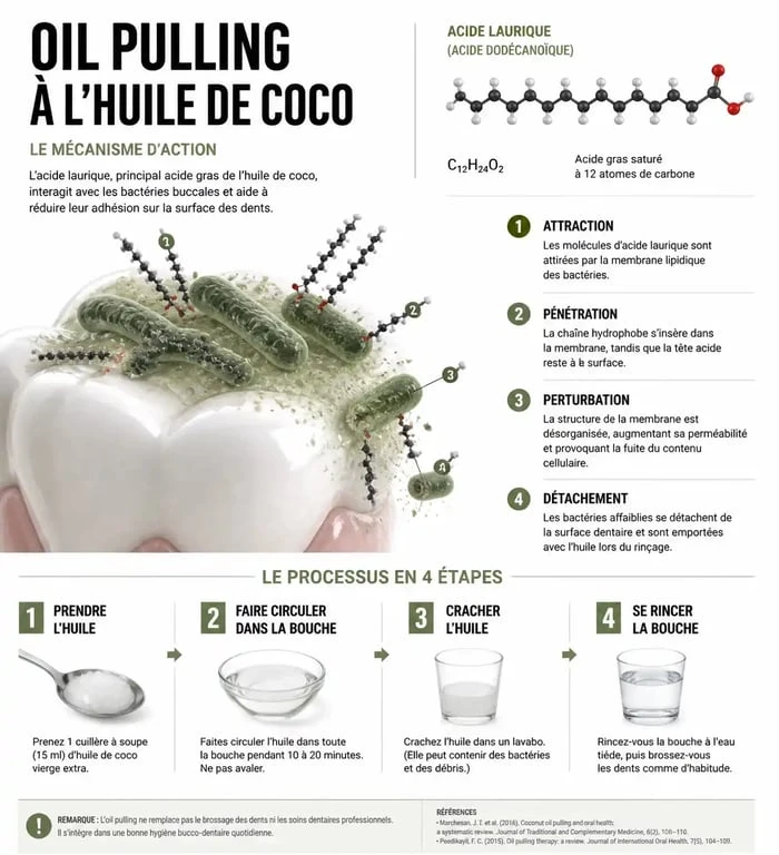 Infographie expliquant le mécanisme et les étapes du bain de bouche à l'huile de coco pour l'hygiène bucco-dentaire