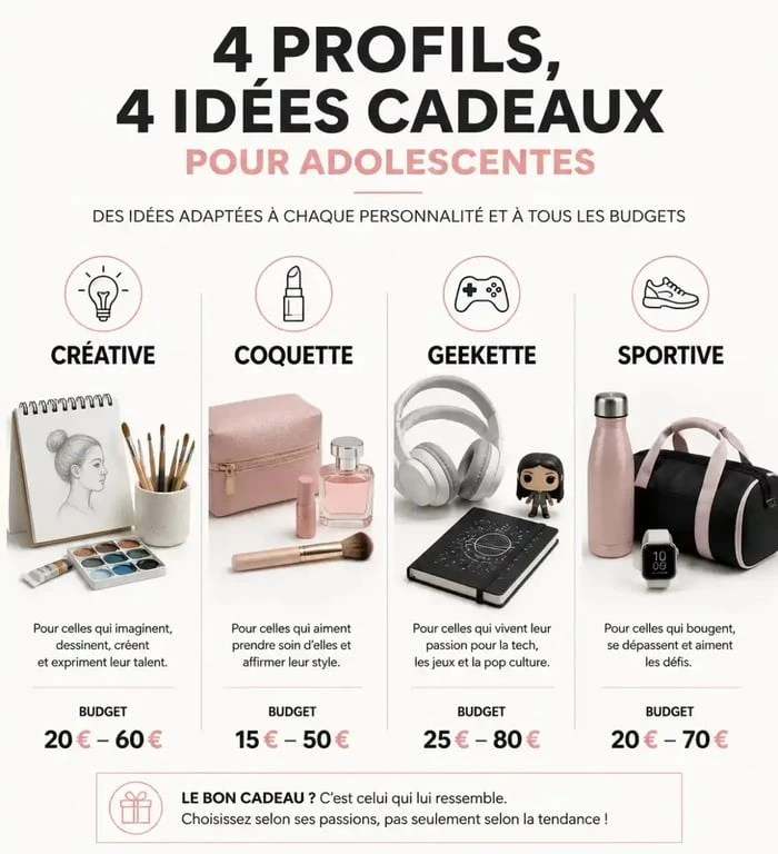Infographie des idées cadeaux pour fille de 12 à 14 ans par profil