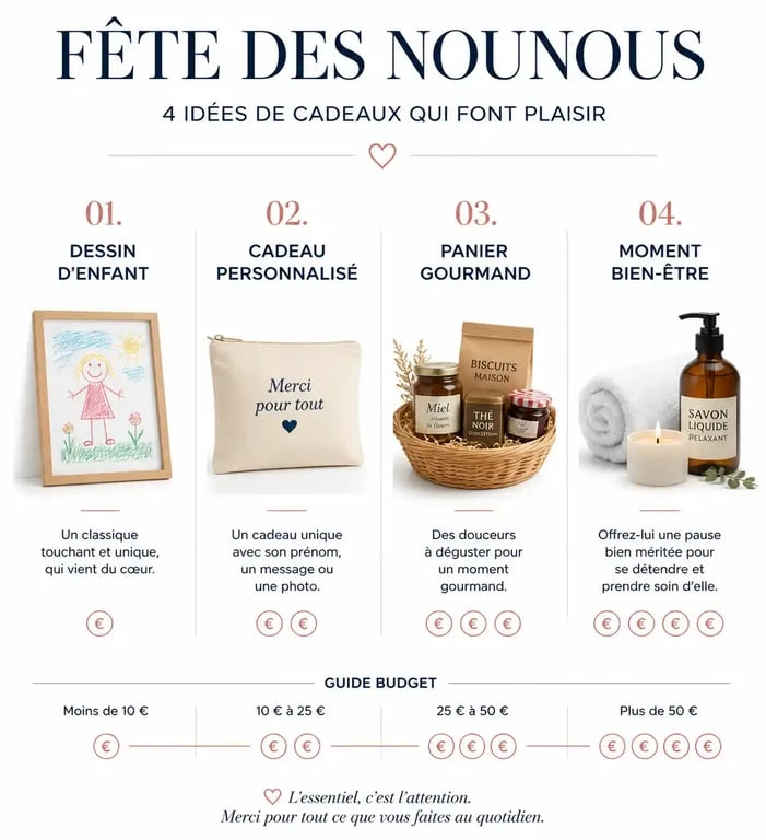 Infographie des idées cadeaux pour la fête des nounous classées par budget et type d'attention