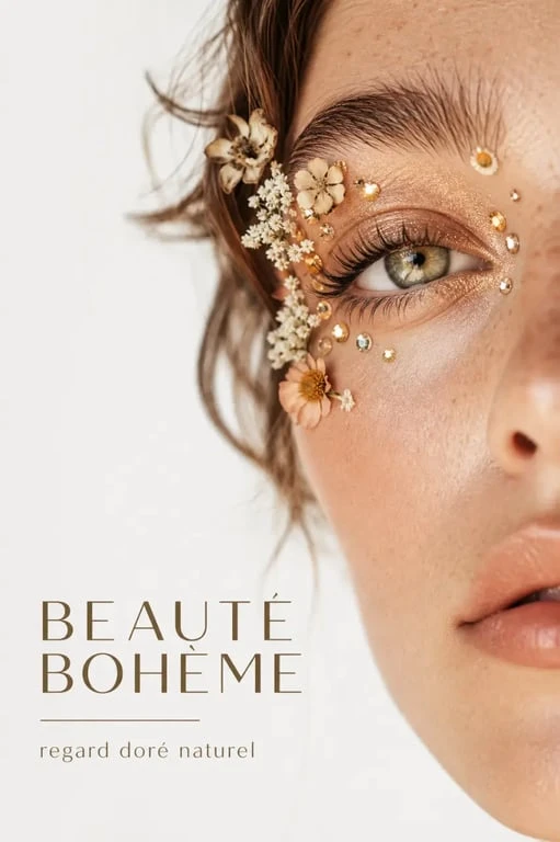 Maquillage hippie artistique avec fleurs et strass pour un look festival bohème