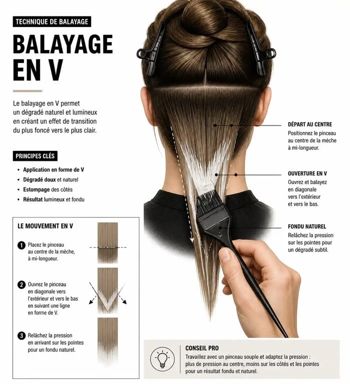 Schéma explicatif de la technique d'application en V pour réussir son balayage capillaire à la maison.