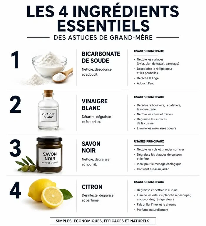 Infographie des 4 ingrédients indispensables pour les astuces de grand-mère