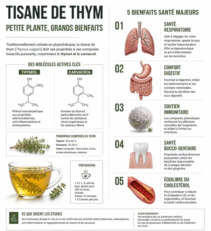 Infographie illustrant les bienfaits santé de la tisane de thym et ses propriétés médicinales