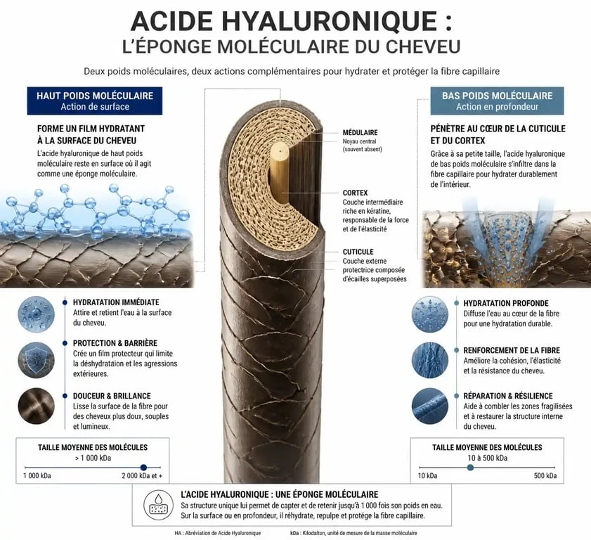 Schéma explicatif de l'action de l'acide hyaluronique sur la fibre capillaire