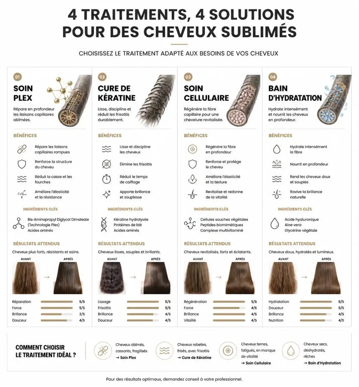 Infographie comparative des différents types de hairdresser treatment pour choisir le soin capillaire adapté.
