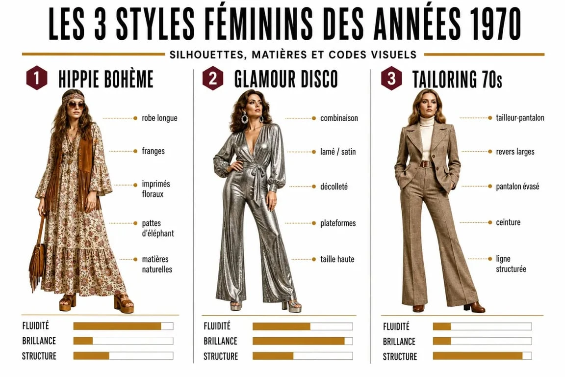 Infographie des styles de mode femme années 70 : hippie, disco et tailoring