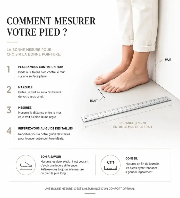 Infographie expliquant comment mesurer son pied pour choisir la bonne pointure Billowy femme