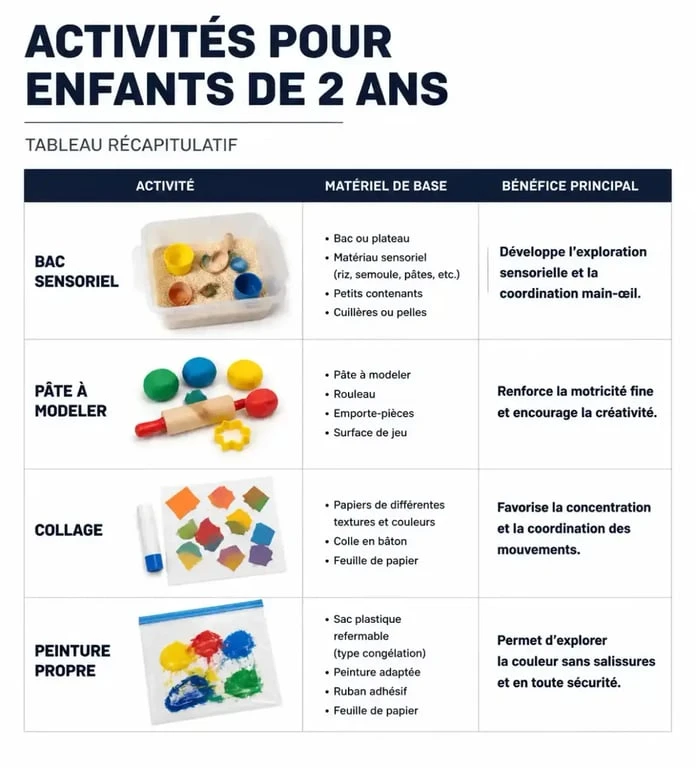 Tableau récapitulatif des activités pour un enfant de 2 ans : bac sensoriel, pâte à modeler, collage et peinture propre.