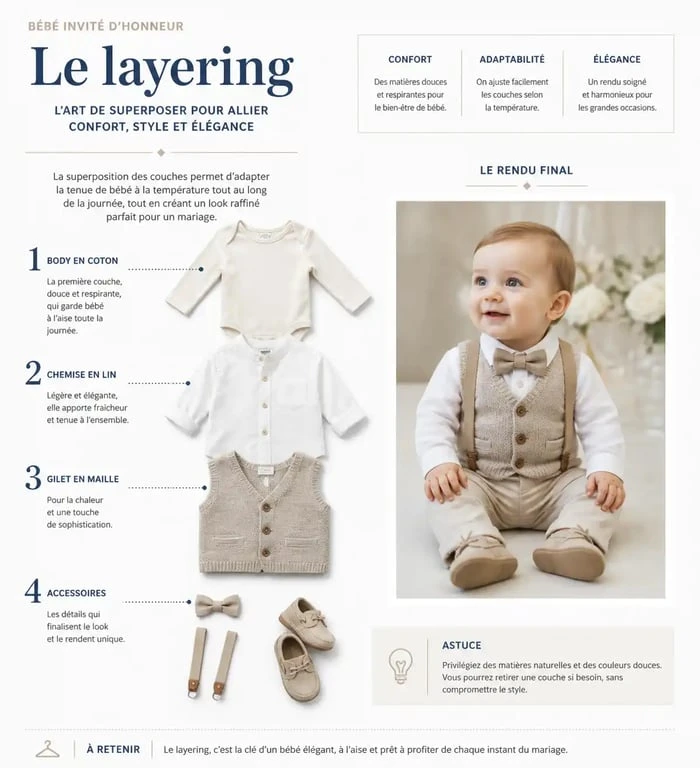 Infographie technique du layering pour une tenue de bébé lors d'un mariage