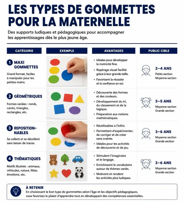 Tableau comparatif des types de gommettes pour activité maternelle