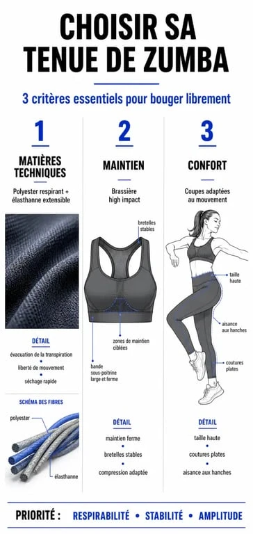 Infographie des critères pour choisir sa tenue de zumba femme idéale