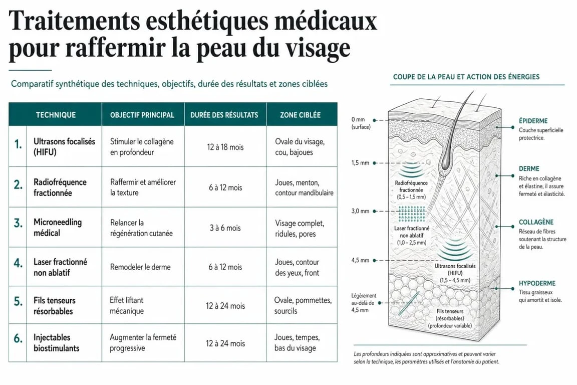 Infographie des techniques médicales pour retendre la peau du visage et raffermir l'ovale