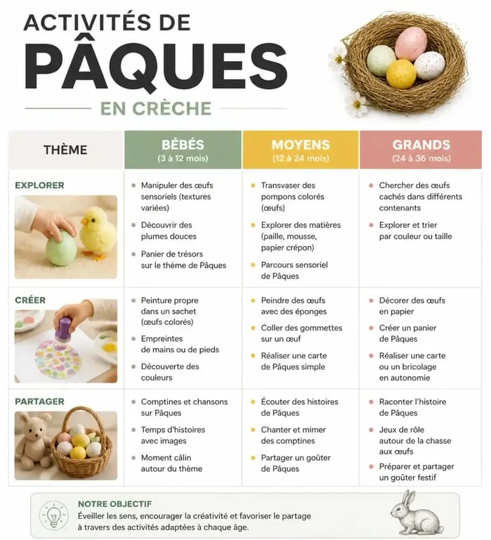 Tableau récapitulatif des activités de Pâques en crèche par tranche d'âge pour l'éveil des enfants