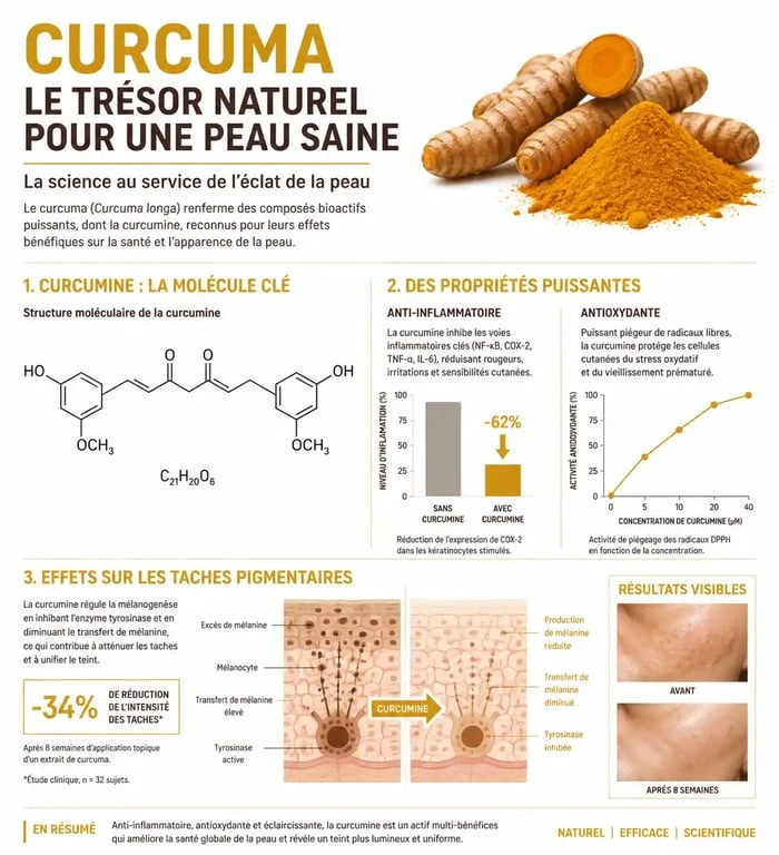 Infographie des bienfaits du savon au curcuma sur la peau et les taches pigmentaires