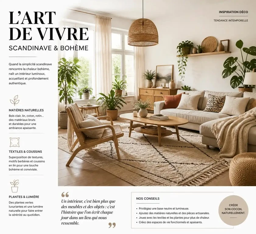 Salon cocooning au style bohème scandinave avec bois clair et textiles naturels