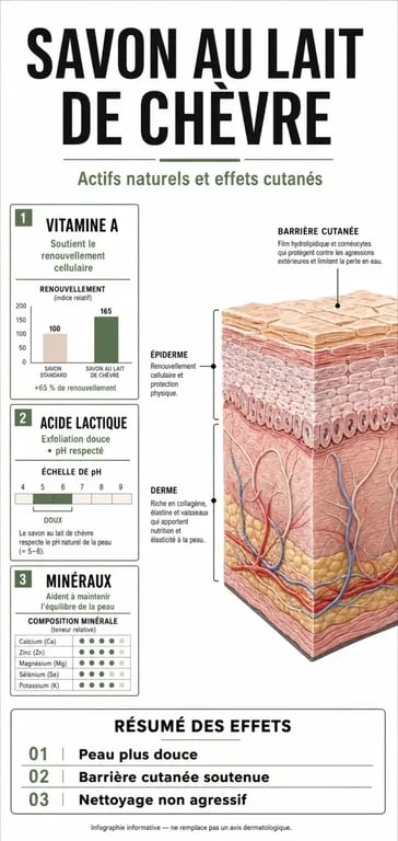 Infographie illustrant les bienfaits du savon au lait de chèvre pour la peau et ses propriétés régénératrices.