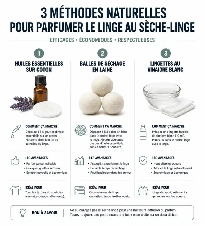 Infographie des astuces naturelles pour une bonne odeur dans le sèche-linge