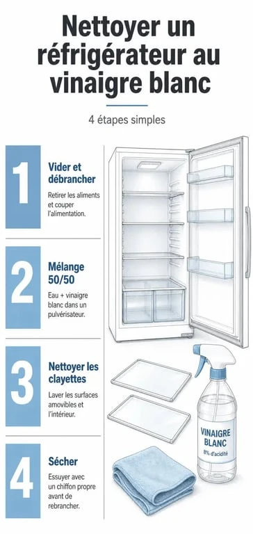 Infographie des étapes de nettoyage d'un réfrigérateur au vinaigre blanc