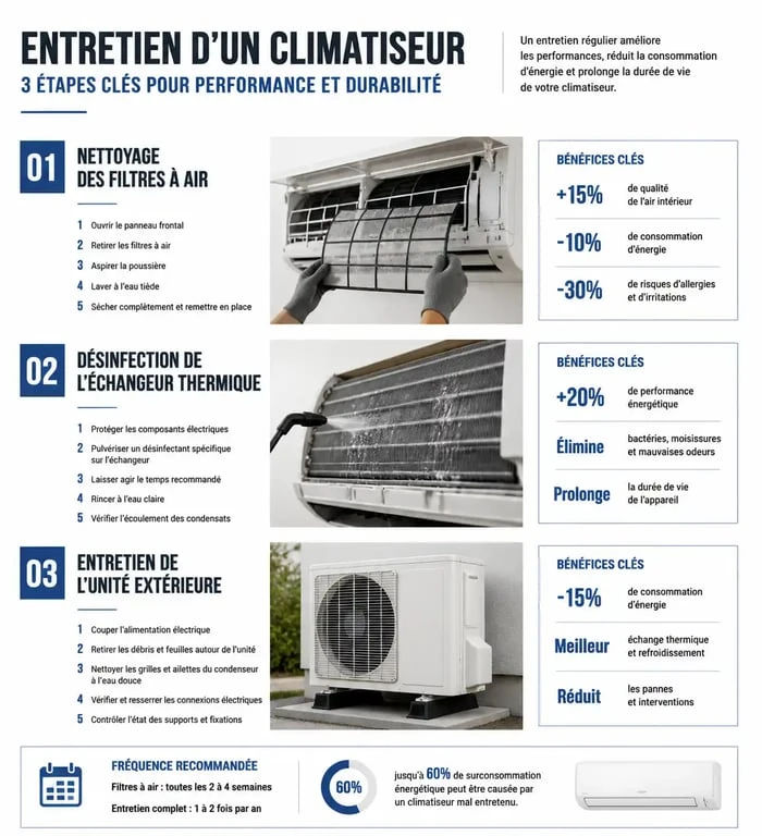 Infographie des étapes de nettoyage d'un climatiseur pour un entretien efficace