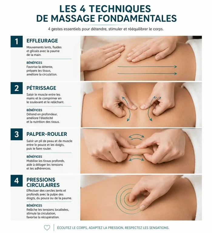 Schéma des 4 techniques pour apprendre comment faire un massage relaxant