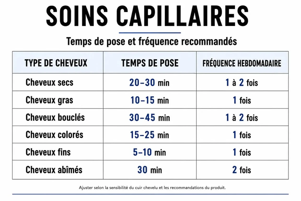Infographie sur comment utiliser un masque pour cheveux : temps de pose et fréquence selon le type de cheveux