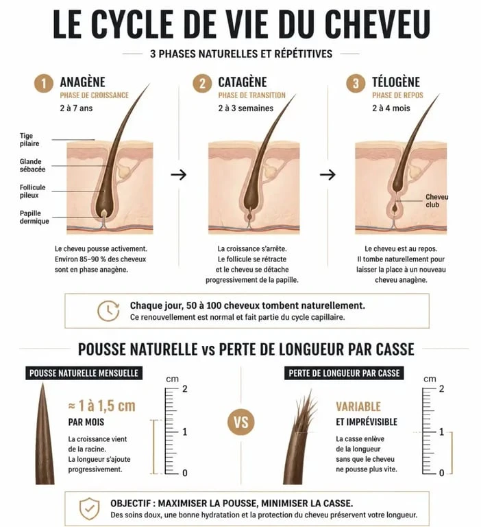 Schéma explicatif du cycle de croissance capillaire et de la prévention de la casse pour faire pousser ses cheveux