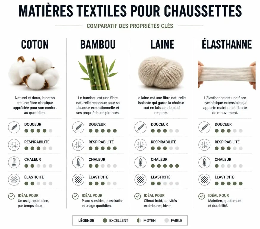 Infographie comparative des matières pour choisir ses chaussettes rigolotes femme