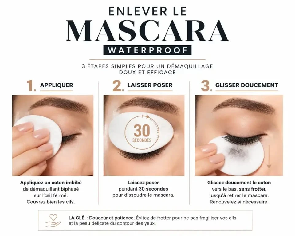 Illustration des étapes pour enlever le mascara waterproof sans abîmer les cils