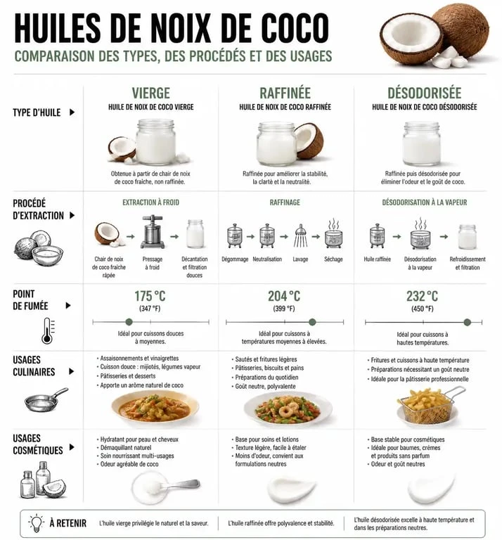 Infographie comparative des types d'huile de noix de coco et leurs usages