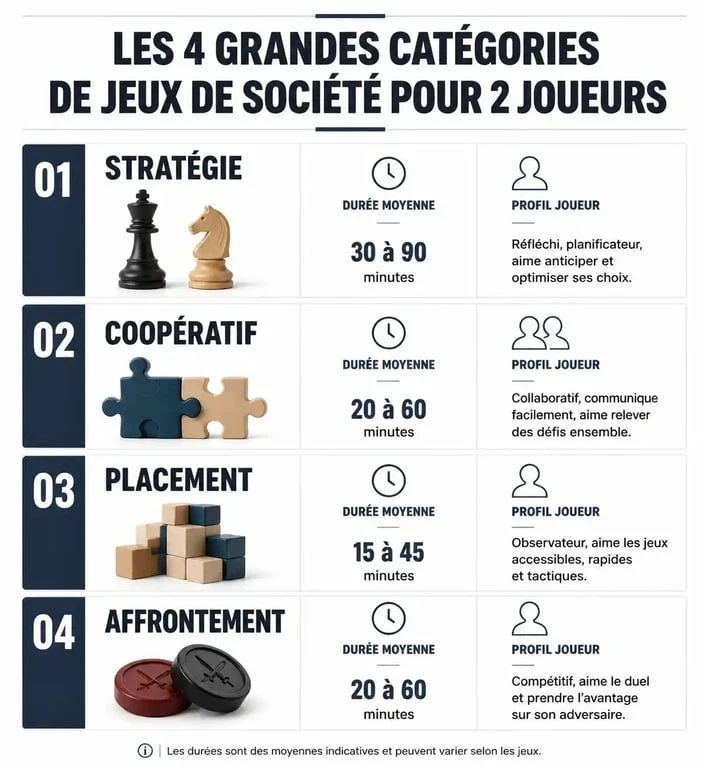 Infographie récapitulative des meilleurs types de jeux de société à 2 joueurs selon le profil et la durée
