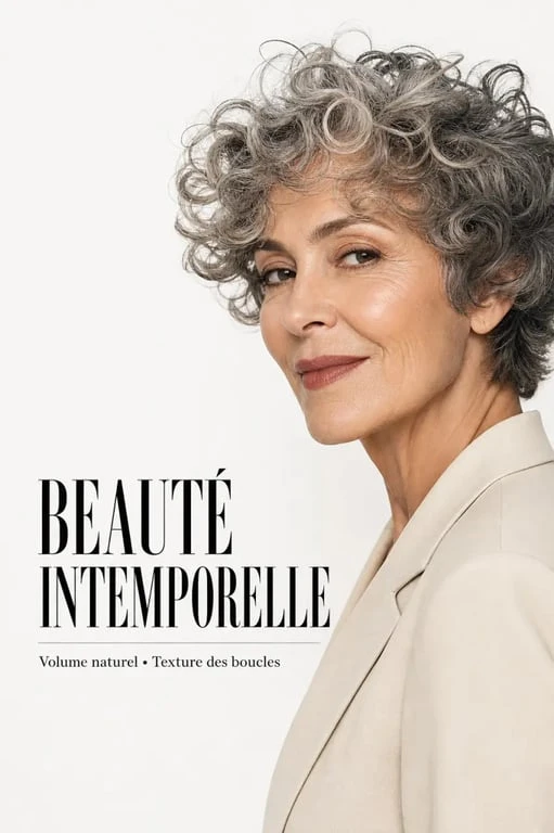 Femme de 60 ans avec une coupe de cheveux frisés courts moderne et élégante