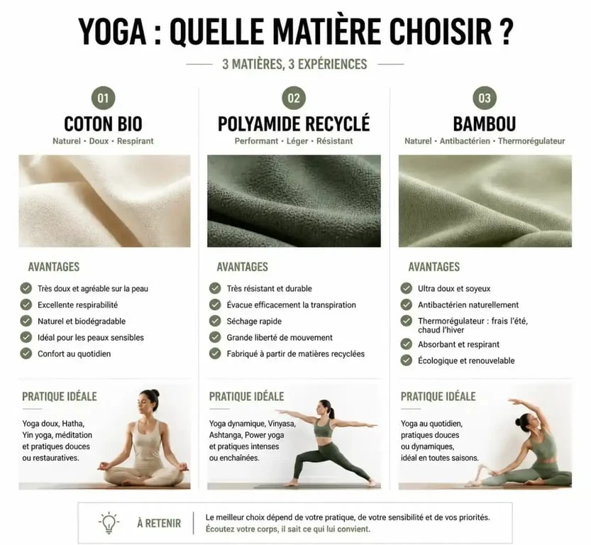 Tableau comparatif des matières de tenue de yoga pour femme : coton bio, polyamide recyclé et bambou