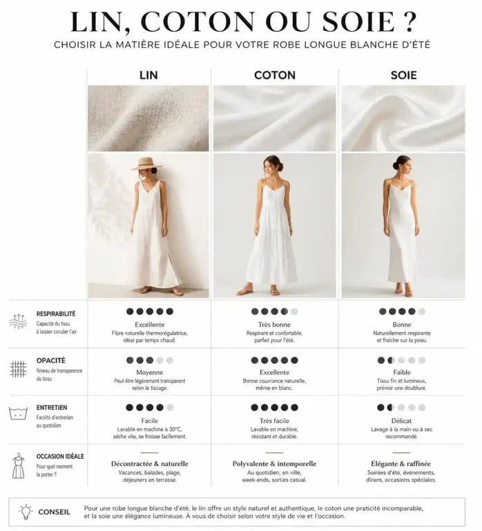 Comparatif des matières pour choisir sa longue robe blanche d'été : lin, coton et soie