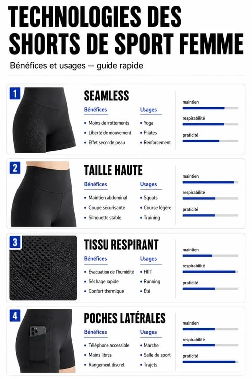 Infographie comparative des technologies de short de sport pour femme pour choisir le modèle adapté à sa pratique.