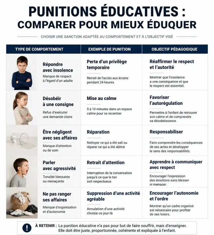 Tableau comparatif des exemples de punition éducative pour accompagner les parents