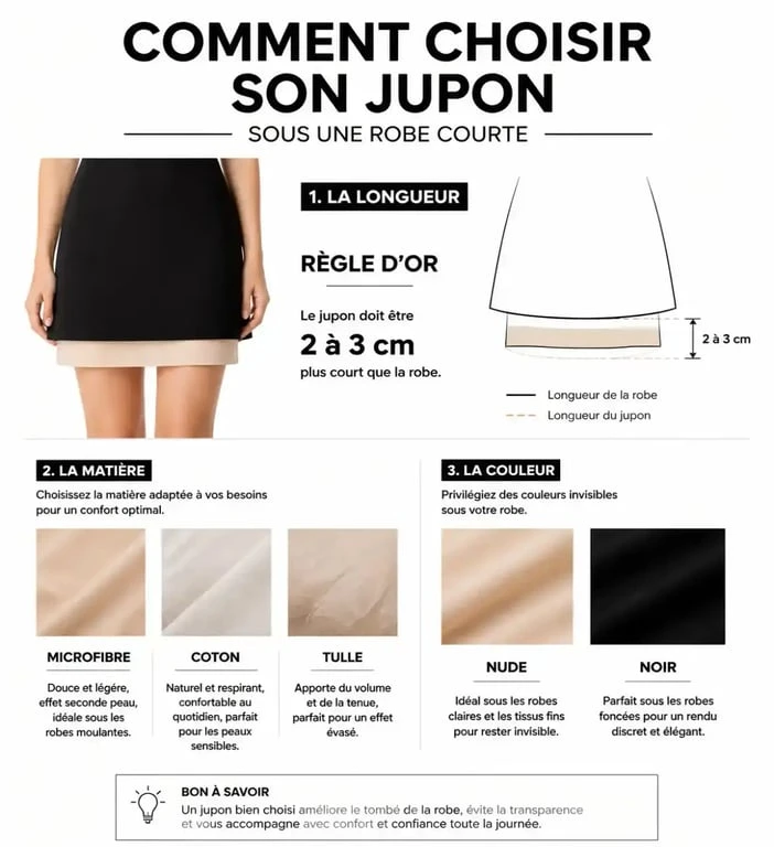 Infographie des critères de choix pour porter un jupon sous robe courte : longueur, matière et couleur