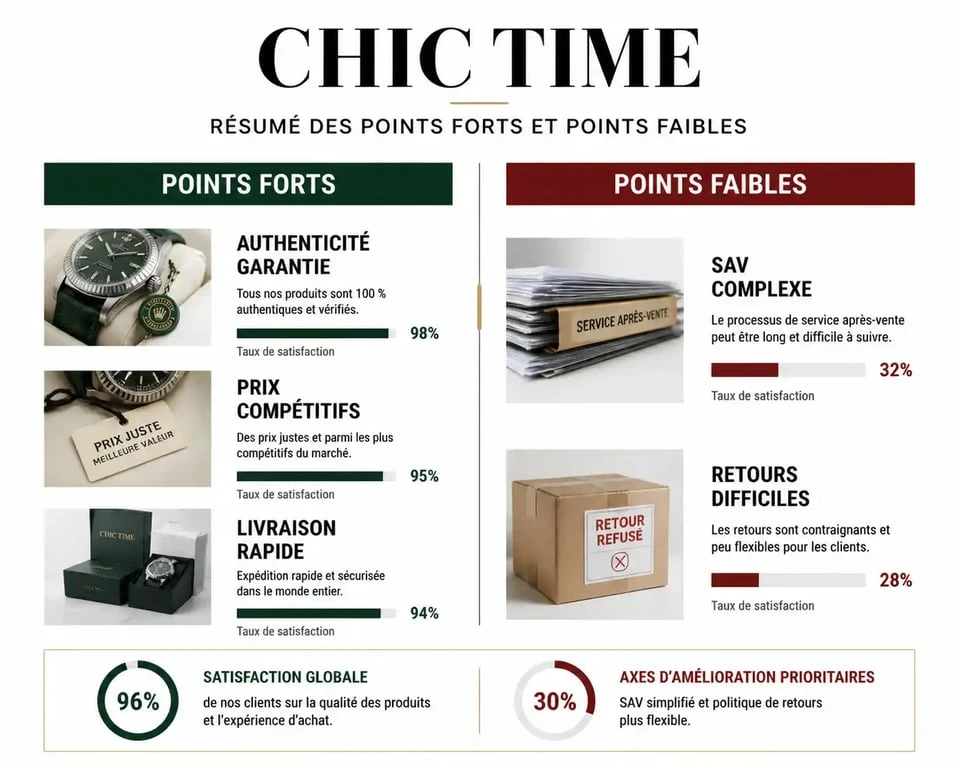 Infographie récapitulative des avis sur Chic Time : points forts et points faibles pour l'achat de montres en ligne