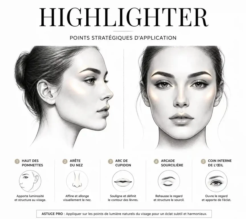 Schéma des zones du visage pour appliquer son highlighter
