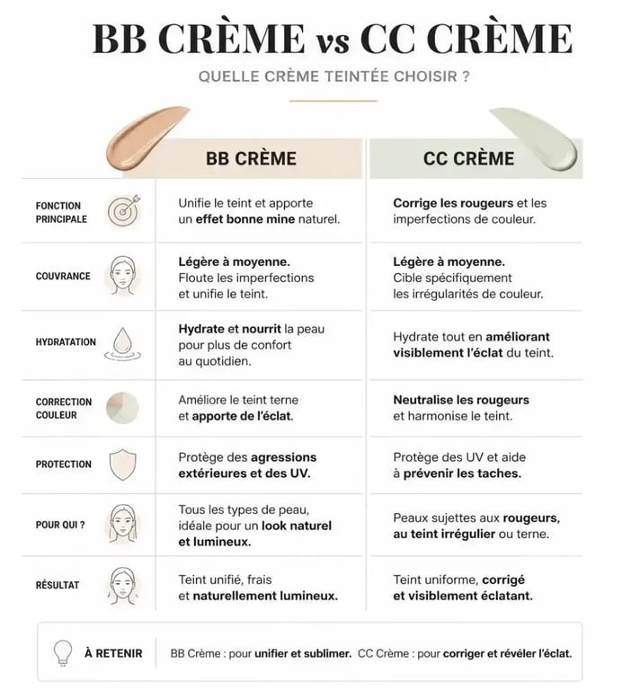 Infographie comparative des différences entre BB crème et CC crème pour choisir le soin adapté à son type de peau