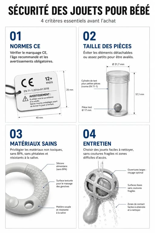 Infographie des critères de sécurité pour choisir des jeux bébé 1 an