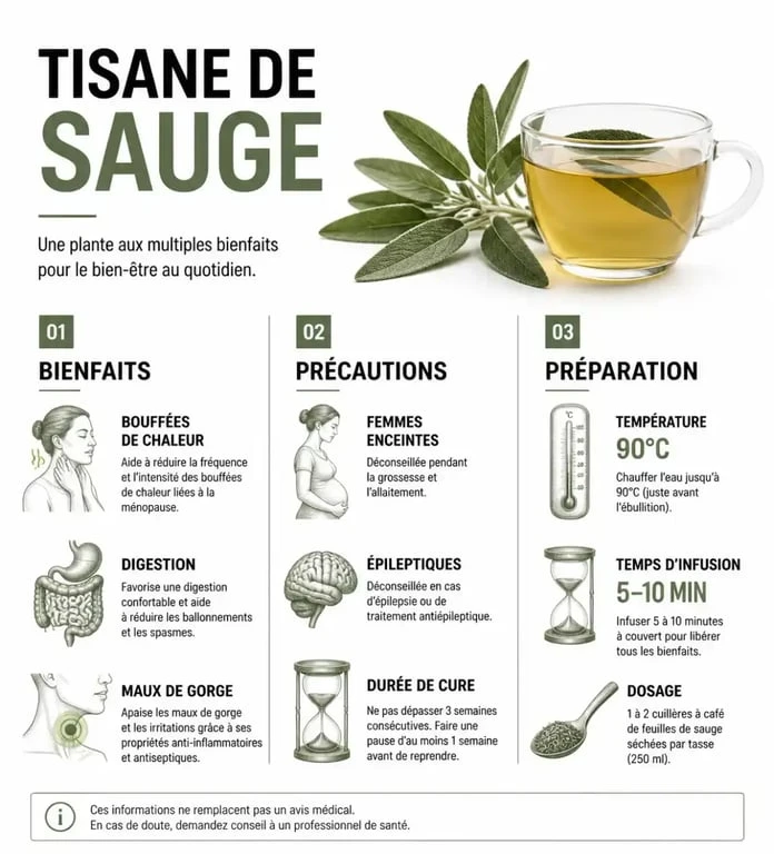 Infographie sur les bienfaits, précautions et préparation de la tisane de sauge officinale